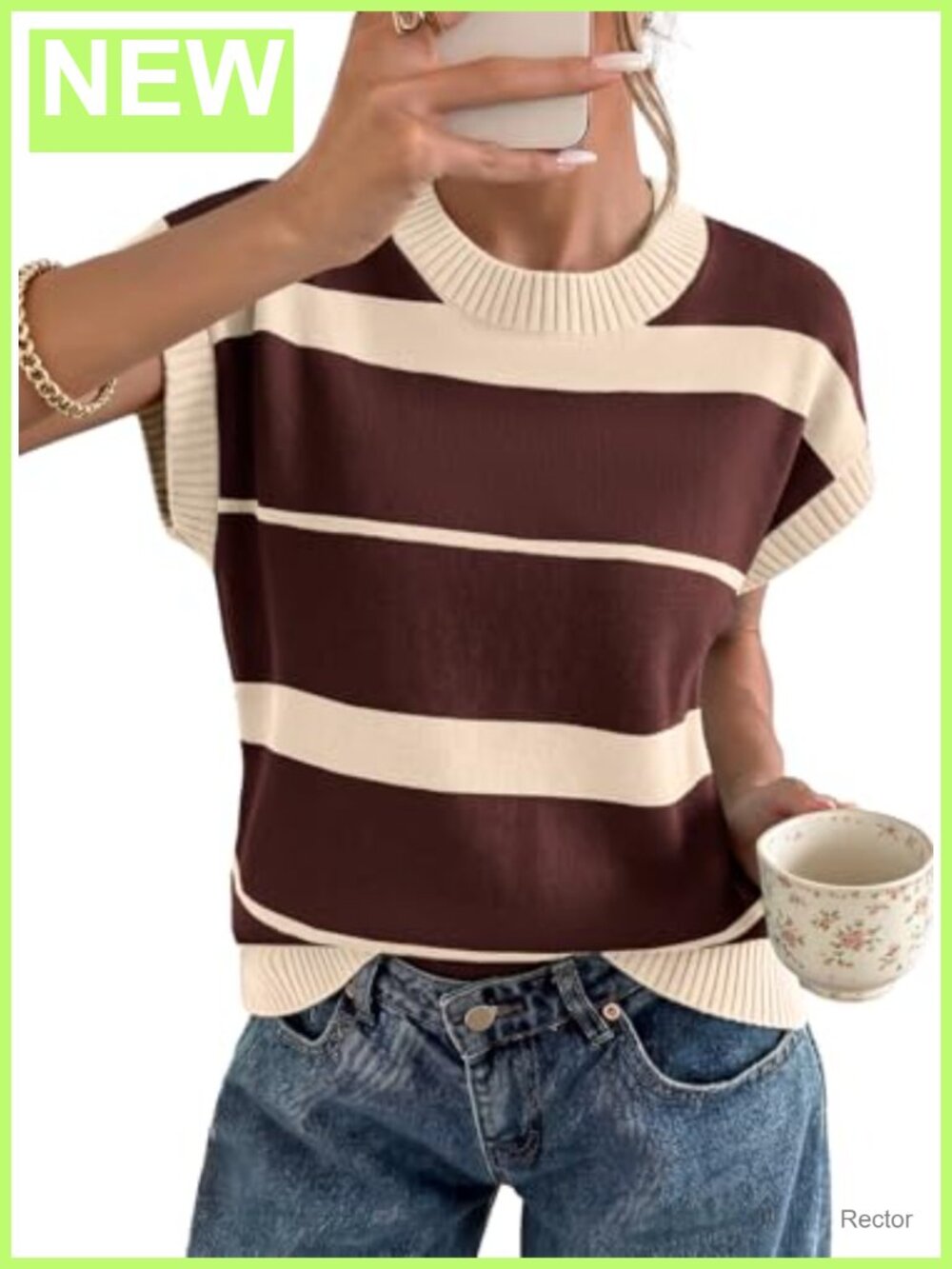 EVALESS Striped Short Sleeve Knit Sweater Top Cap Sleeve Crew Neck